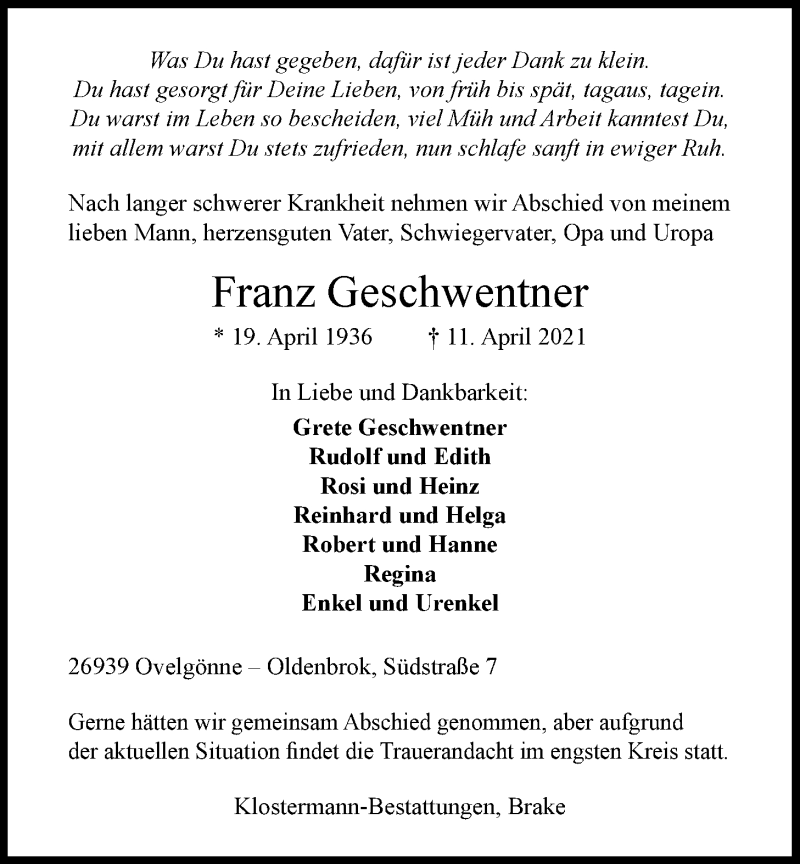  Traueranzeige für Franz Geschwentner vom 13.04.2021 aus Nordwest-Zeitung