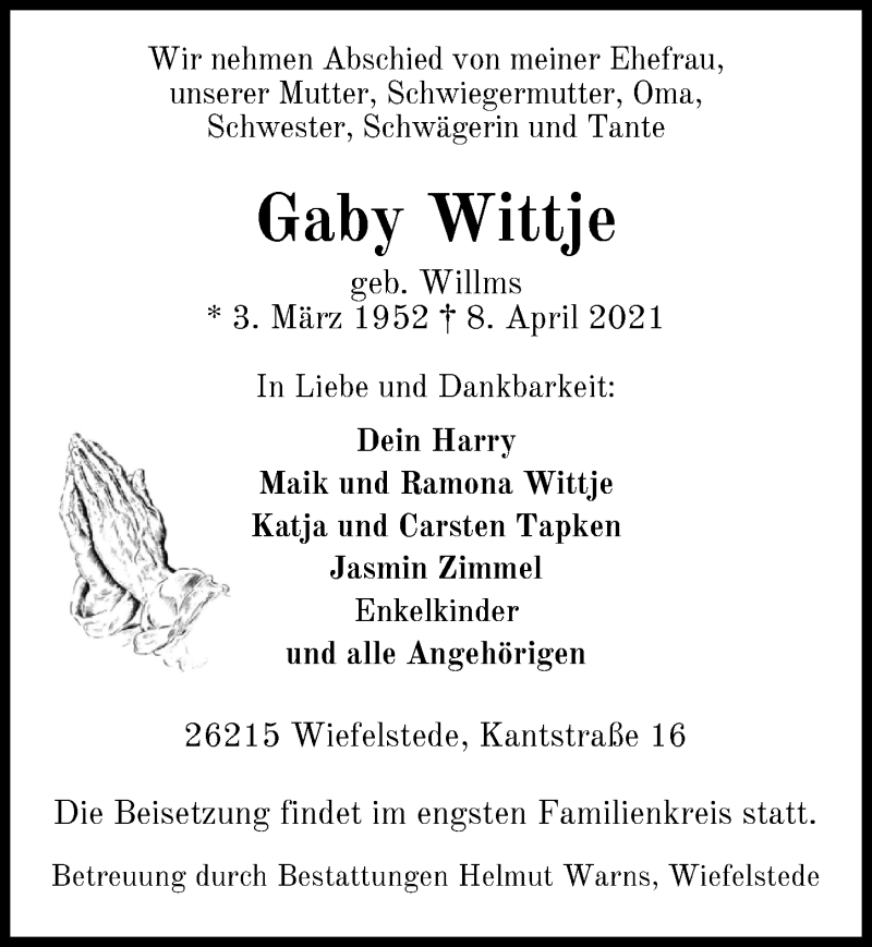  Traueranzeige für Gaby Wittje vom 13.04.2021 aus Nordwest-Zeitung