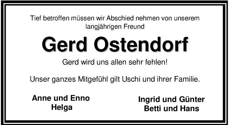  Traueranzeige für Gerd Ostendorf vom 28.04.2021 aus Nordwest-Zeitung