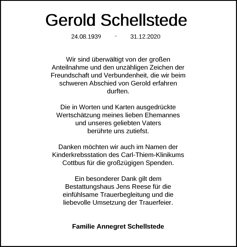  Traueranzeige für Gerold Schellstede vom 03.04.2021 aus Nordwest-Zeitung