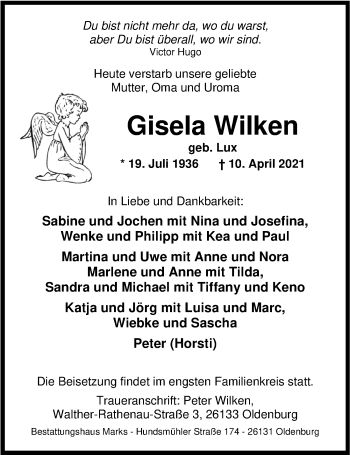 Traueranzeige von Gisela Wilken von Nordwest-Zeitung