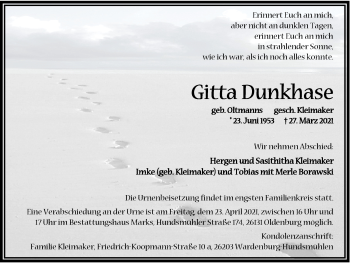 Traueranzeige von Gitta Dunkhase von Nordwest-Zeitung