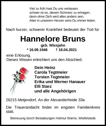 Traueranzeige von Hannelore Bruns von Nordwest-Zeitung