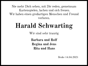 Traueranzeige von Harald Schwarting von Nordwest-Zeitung