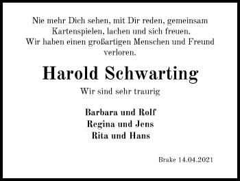 Traueranzeige von Harold Schwarting von Nordwest-Zeitung