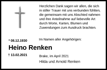 Traueranzeige von Heino Renken von Nordwest-Zeitung