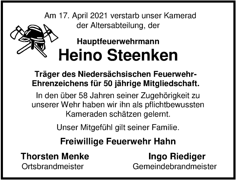  Traueranzeige für Heino Steenken vom 20.04.2021 aus Nordwest-Zeitung