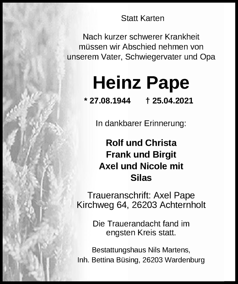  Traueranzeige für Heinz Pape vom 30.04.2021 aus Nordwest-Zeitung