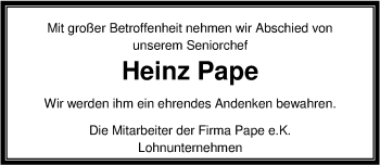 Traueranzeige von Heinz Pape von Nordwest-Zeitung