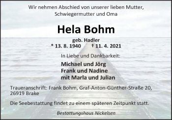 Traueranzeige von Hela Bohm von Nordwest-Zeitung