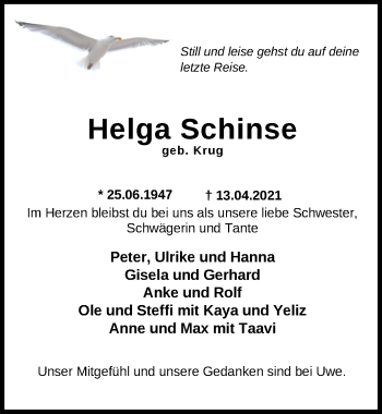 Traueranzeige von Helga Schinse von Nordwest-Zeitung