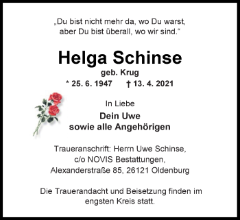 Traueranzeige von Helga Schinse von Nordwest-Zeitung