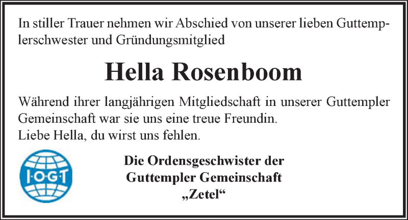  Traueranzeige für Hella Rosenboom vom 15.04.2021 aus Nordwest-Zeitung