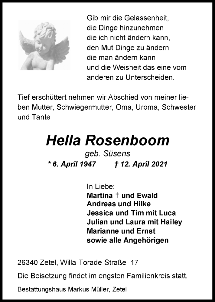 Traueranzeige für Hella Rosenboom vom 14.04.2021 aus Nordwest-Zeitung