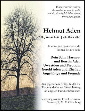 Traueranzeige von Helmut Aden von Nordwest-Zeitung