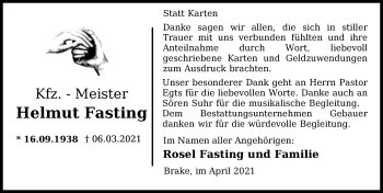 Traueranzeige von Helmut Fasting von Nordwest-Zeitung