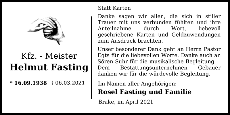  Traueranzeige für Helmut Fasting vom 15.04.2021 aus Nordwest-Zeitung