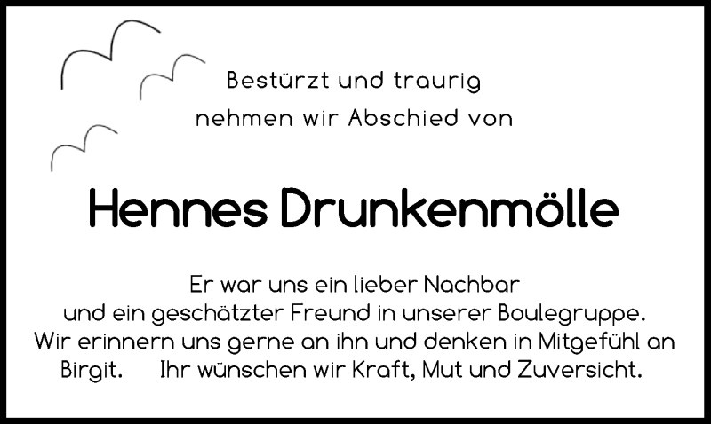  Traueranzeige für Hennes Drunkenmölle vom 10.04.2021 aus Nordwest-Zeitung