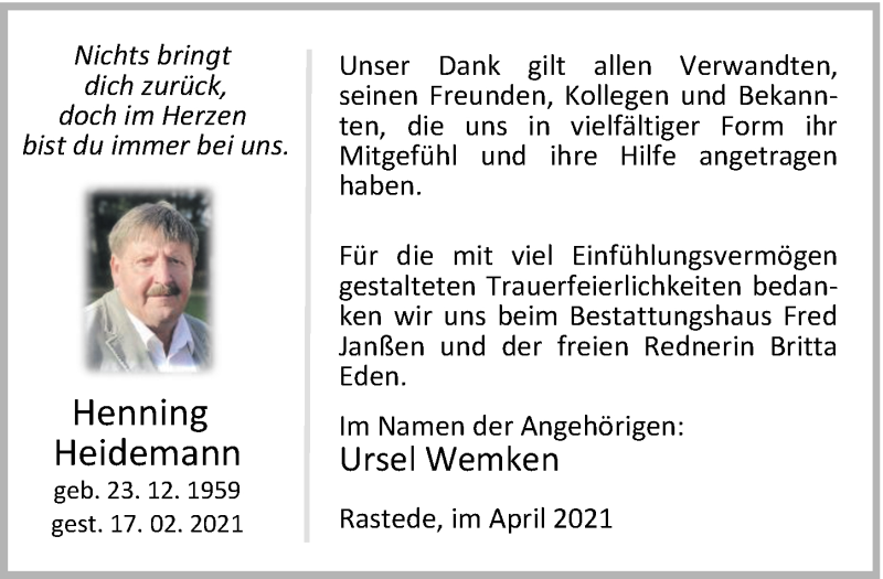  Traueranzeige für Henning Heidemann vom 10.04.2021 aus Nordwest-Zeitung