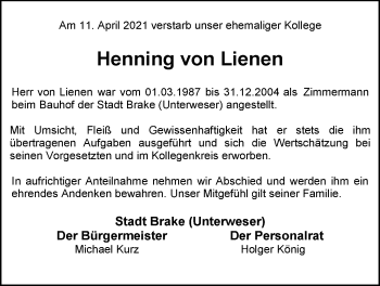 Traueranzeige von Henning von Lienen von Nordwest-Zeitung