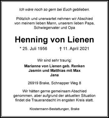 Traueranzeige von Henning von Lienen von Nordwest-Zeitung