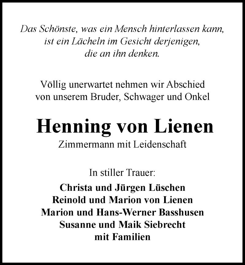  Traueranzeige für Henning von Lienen vom 14.04.2021 aus Nordwest-Zeitung