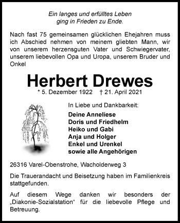 Traueranzeige von Herbert Drewes von Nordwest-Zeitung