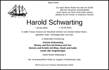 Traueranzeige von Harold Schwarting von Nordwest-Zeitung