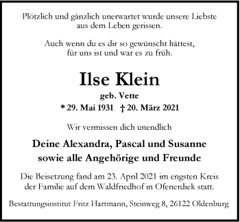 Traueranzeige von Ilse Klein von Nordwest-Zeitung