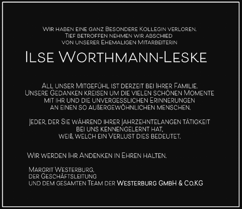 Traueranzeige für Ilse Worthmann-Leske vom 17.04.2021 aus Nordwest-Zeitung