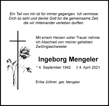 Traueranzeige von Ingeborg Mengeler von Nordwest-Zeitung