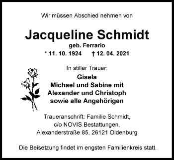 Traueranzeige von Jacqueline Schmidt von Nordwest-Zeitung
