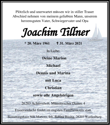 Traueranzeige von Joachim Tillner von Nordwest-Zeitung