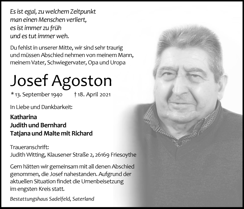 Traueranzeigen Von Josef Agoston Nordwest Trauer De