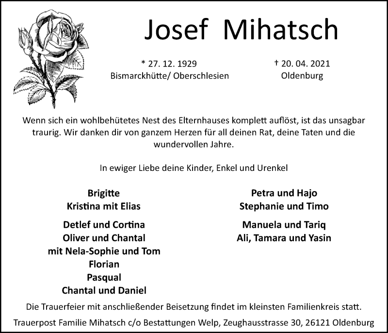  Traueranzeige für Josef Mihatsch vom 24.04.2021 aus Nordwest-Zeitung