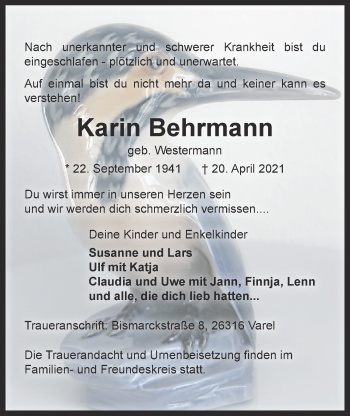 Traueranzeige von Karin Behrmann von Nordwest-Zeitung