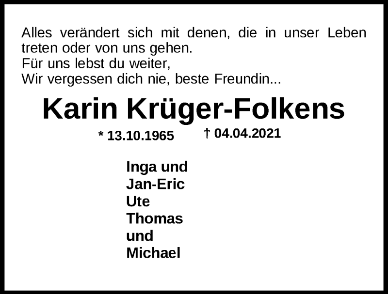  Traueranzeige für Karin Krüger-Folkens vom 08.04.2021 aus Nordwest-Zeitung