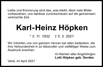 Traueranzeige von Karl-Heinz Höpken von Nordwest-Zeitung