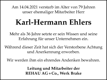 Traueranzeige von Karl-Hermann Ehlers von Nordwest-Zeitung