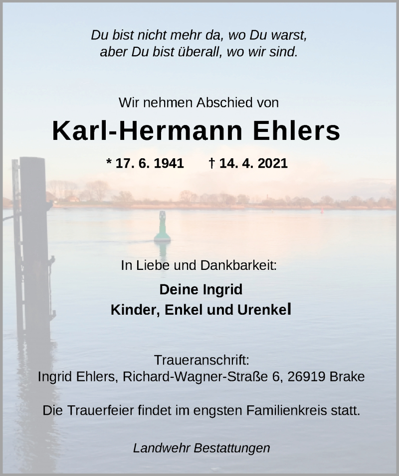  Traueranzeige für Karl-Hermann Ehlers vom 20.04.2021 aus Nordwest-Zeitung