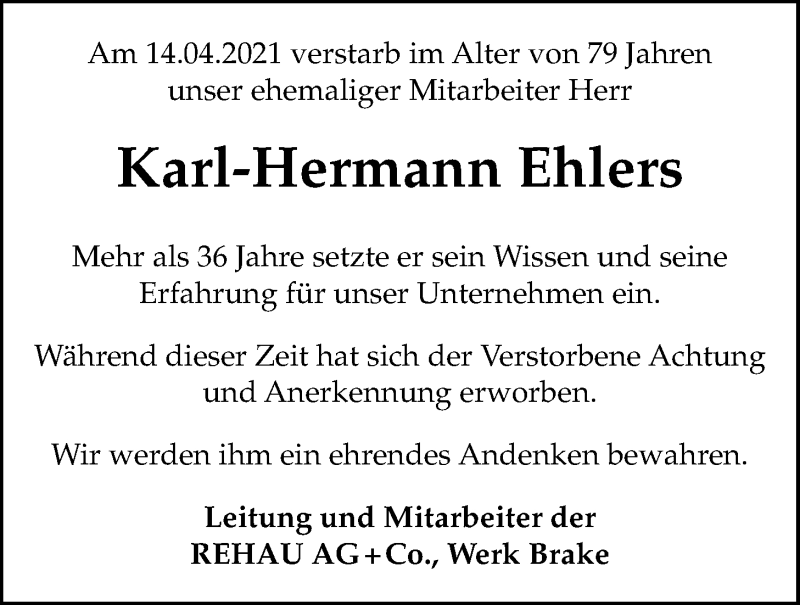  Traueranzeige für Karl-Hermann Ehlers vom 22.04.2021 aus Nordwest-Zeitung