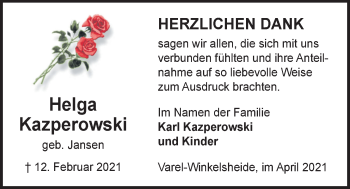 Traueranzeige von Karl Kazperowski von Nordwest-Zeitung
