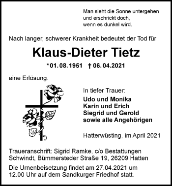 Traueranzeige von Klaus-Dieter Tietz von Nordwest-Zeitung