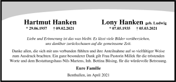 Traueranzeige von Lony Hanken von Nordwest-Zeitung
