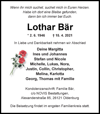Traueranzeige von Lothar Bär von Nordwest-Zeitung