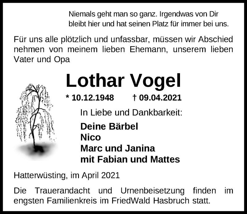  Traueranzeige für Lothar Vogel vom 16.04.2021 aus Nordwest-Zeitung