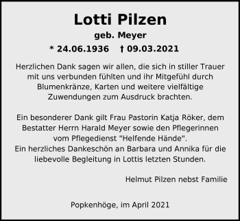 Traueranzeige von Lotti Pilzen von Nordwest-Zeitung