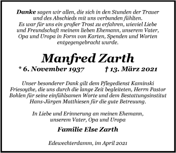 Traueranzeige von Manfred Zarth von Nordwest-Zeitung