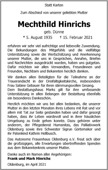 Traueranzeige von Mechthild Hinrichs von Nordwest-Zeitung