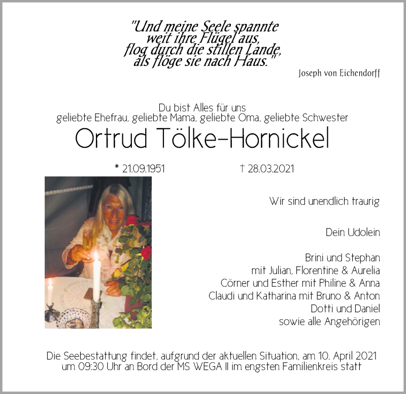  Traueranzeige für Ortrud Tölke-Hornickel vom 03.04.2021 aus Nordwest-Zeitung
